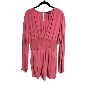 Forever 21 Pink‎ Long Sleeve Button Front Smocked Waist Romper Medium